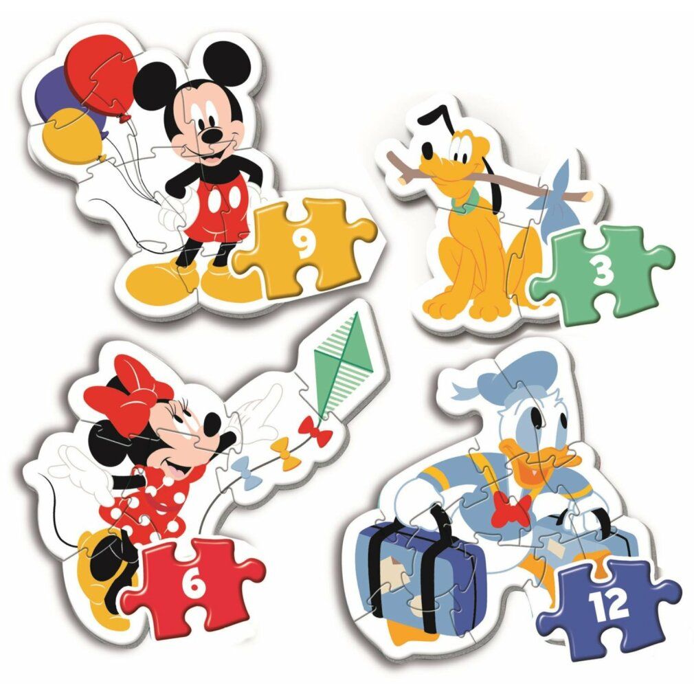 Quattro puzzle con personaggi di Topolino. Ogni puzzle mostra un personaggio e un numero. Marchio: Clementoni. Scritta: My First Puzzles.