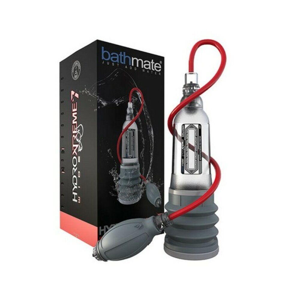 Confezione del prodotto con prodotto e accessori. Marchio Bathmate. Scritta HYDROXTREME 7 WIDE. Confezione nera.