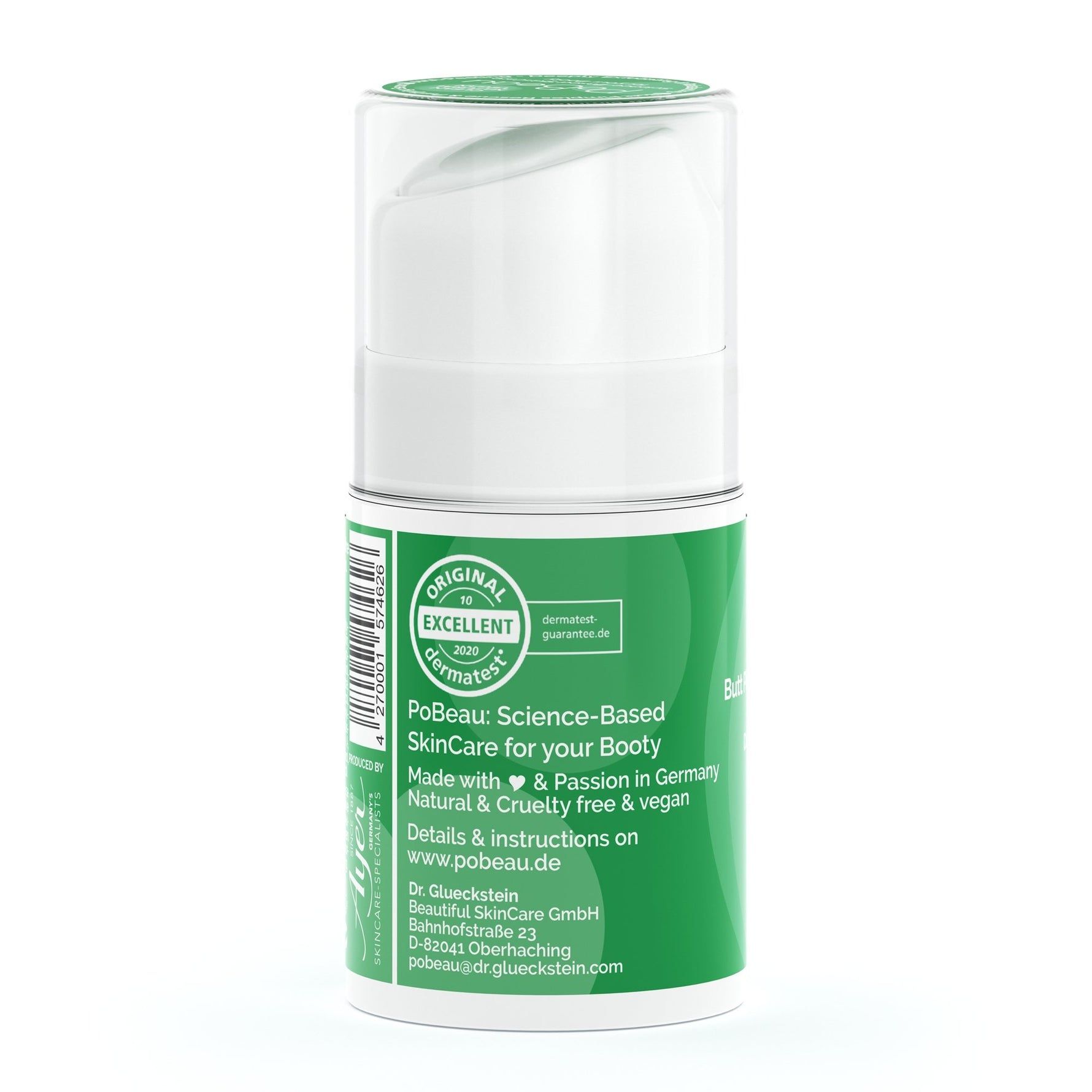 Flacone bianco con etichetta verde. Scritta: Pobeau, SkinCare for your Booty. Testo: Made with & Passion in Germany. Vegan.