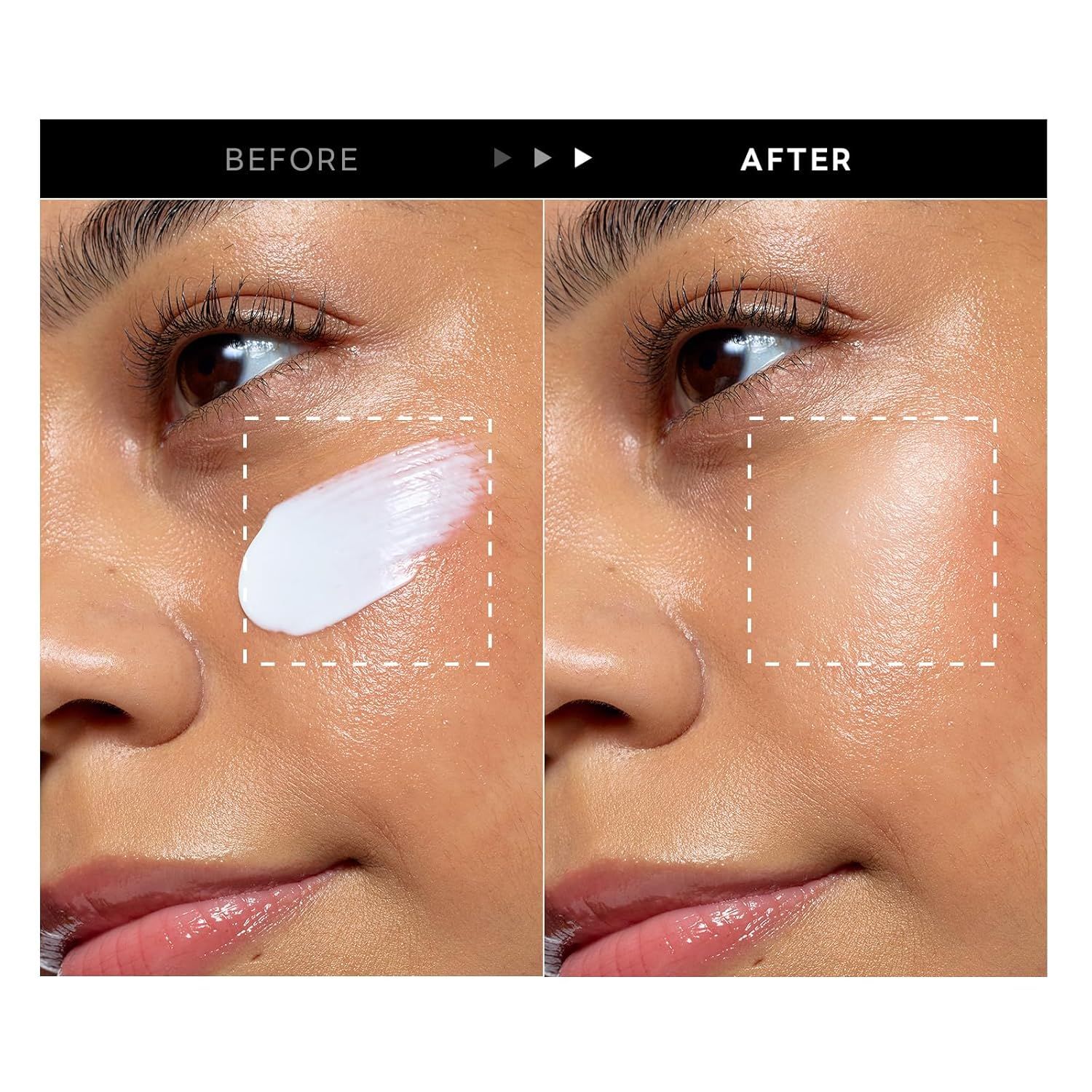 Viso con crema. Confronto prima/dopo. Crema applicata. La pelle appare più liscia.