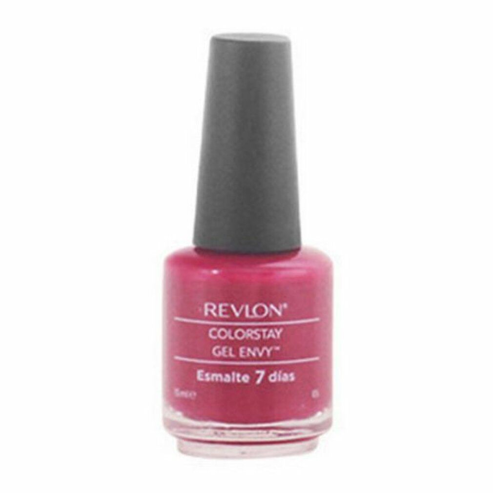 Flacone di smalto rosa. Tappo grigio. Scritta: Revlon Colorstay Gel Envy. Esmalte 7 dias.