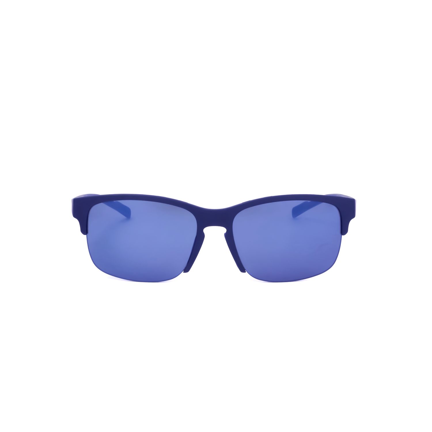 Occhiali da sole blu scuro con lenti blu a specchio e design semi-senza montatura.