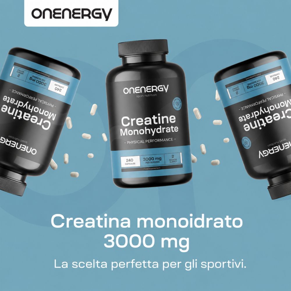 Barattolo di Creatina Monoidrato, 240 capsule, 3000 mg.