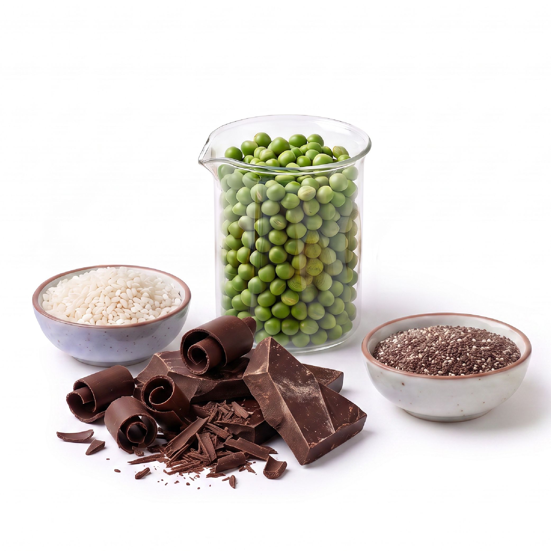 Ingredienti per frullato proteico: piselli, riso, cioccolato, semi di chia in ciotole e becher.