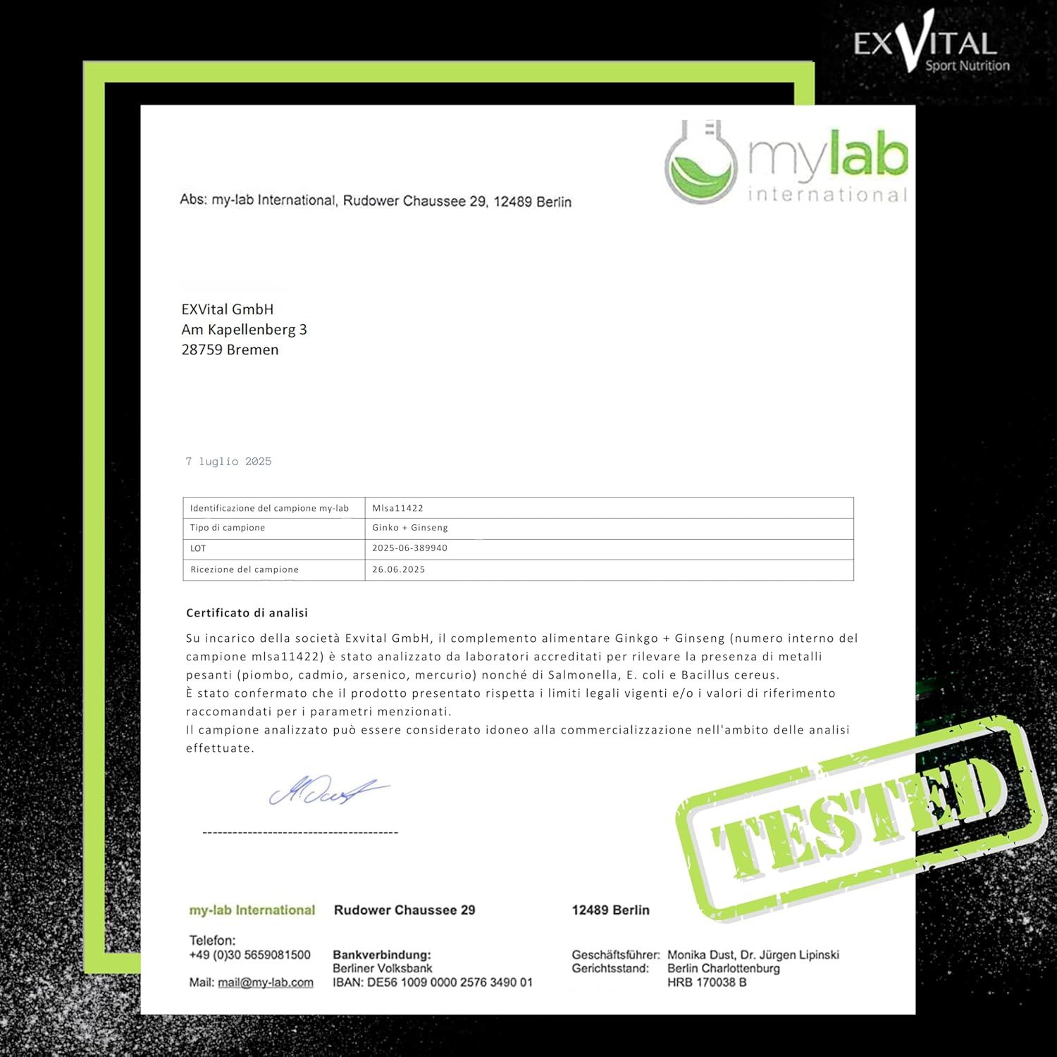 Rapporto di laboratorio my-lab International per EXVital Ginkgo + Ginseng. Sigillo "TESTED".