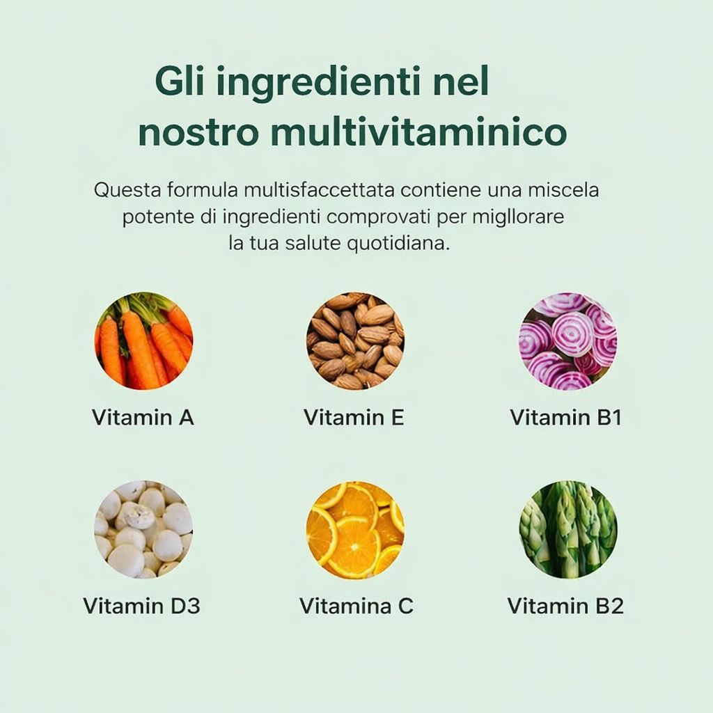 Grafico con ingredienti multivitaminici. Carote, arachidi, cipolle rosse, funghi, arance, asparagi. Scritta: Vitamina A, E, B1, D3, C, B2.