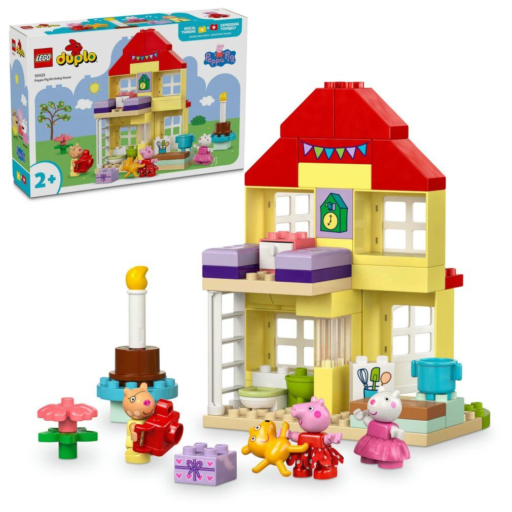 LEGO Duplo La casa del compleanno di Peppa Pig. Casa gialla, tetto rosso, personaggi, accessori. Scatola con logo ed età consigliata.
