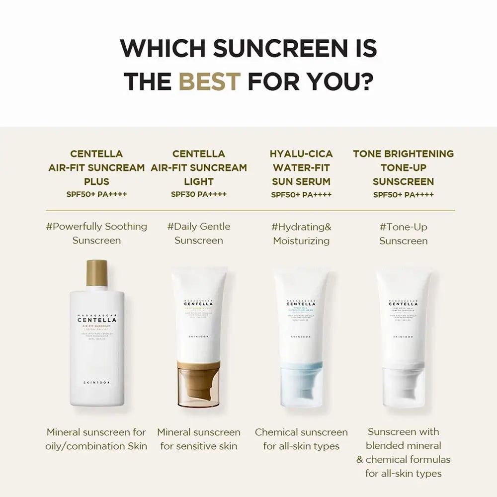 Confronto di quattro creme solari. È raffigurata CENTELLA AIR-FIT SUNCREAM LIGHT.