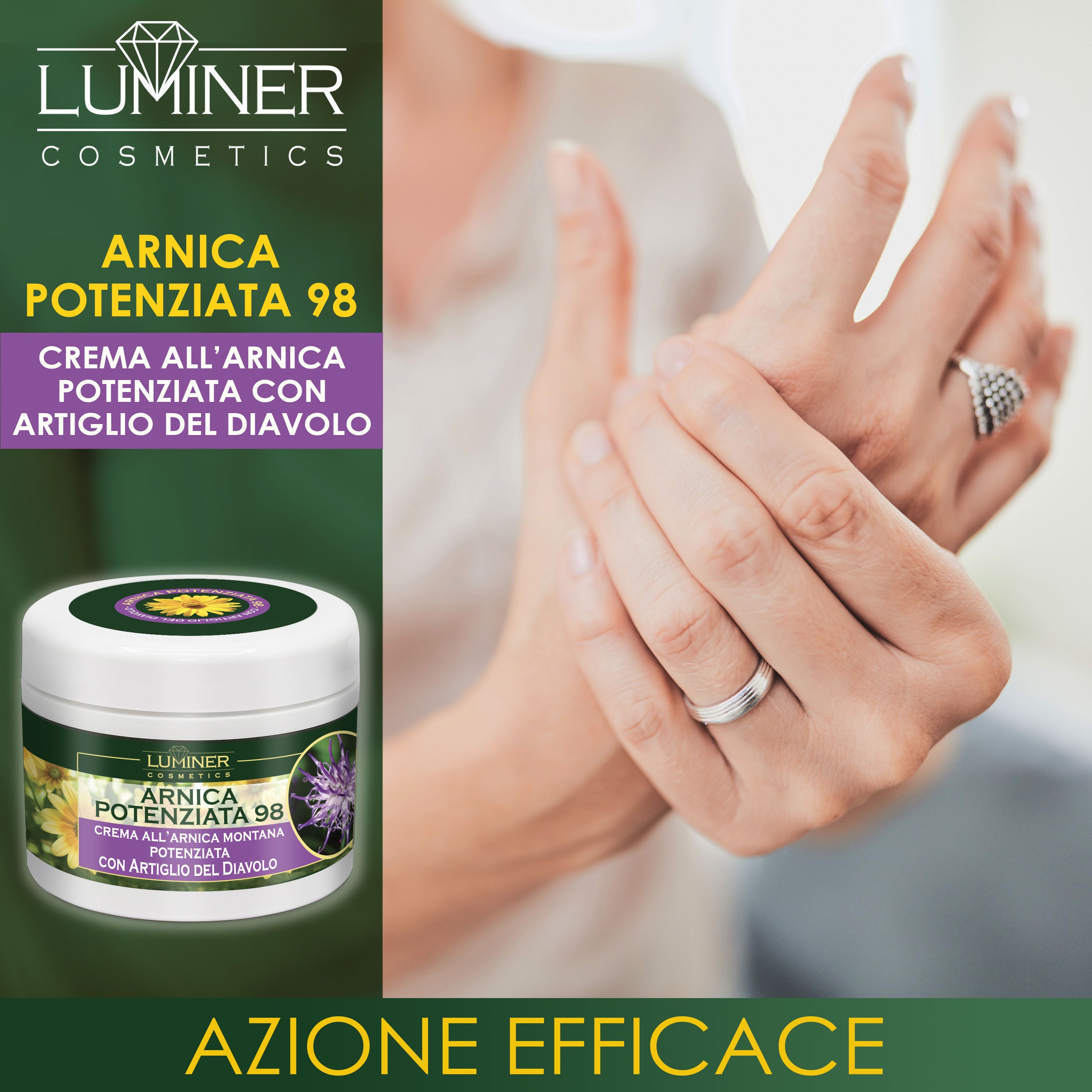 Mani di una persona con dolori articolari. Accanto, un vasetto di LUMINER ARNICA POTENZIATA 98.