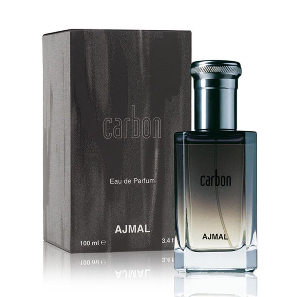 Flacone di profumo e confezione. Flacone con tappo argentato, scritta "carbon" e "AJMAL". Confezione con "carbon" e "AJMAL".