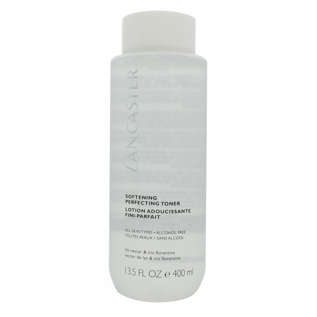 Flacone cilindrico bianco con tappo. Scritta: Lancaster, Softening Perfecting Toner, 13.5 FL OZ, 400 ml.