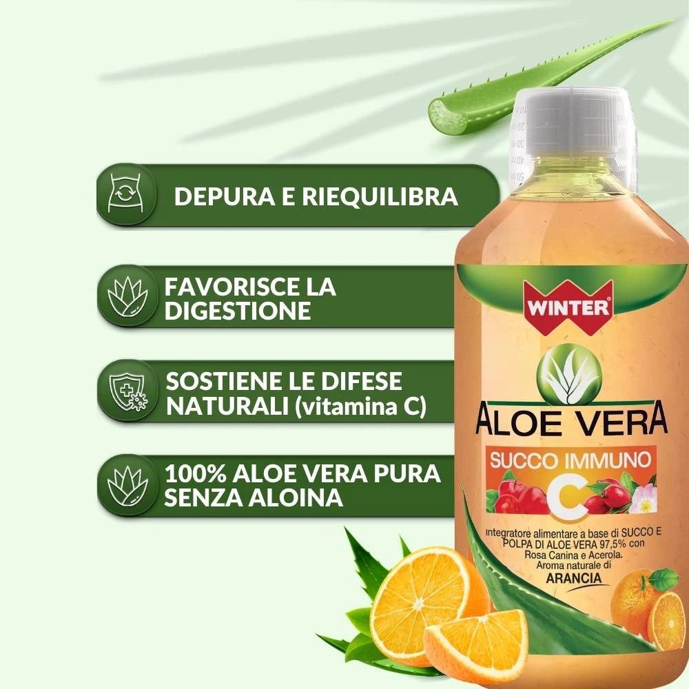 Winter Aloe Vera da Bere Immuno C con Rosa Canina  e Acerola – Succo Naturale Senza Aloina