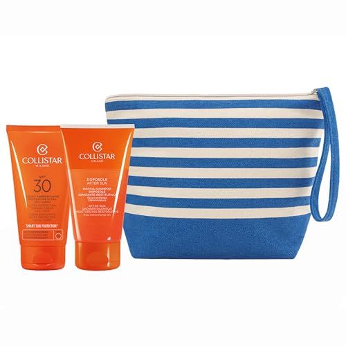 Crema solare SPF30 e doposole in tubi arancioni. Pochette a righe blu e bianco. Logo sui tubi.