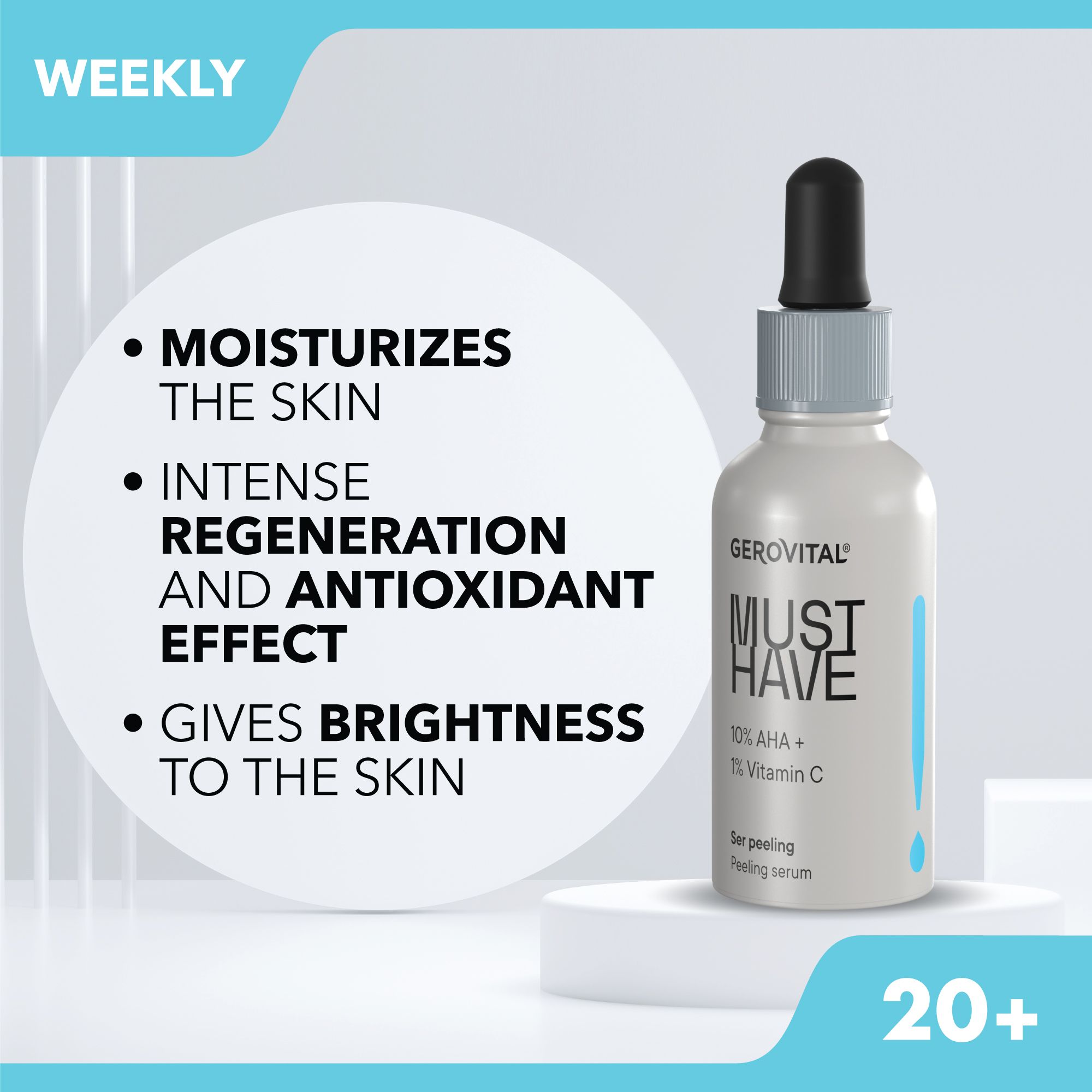 Siero peeling Gerovital Must Have con 10% AHA e Vitamina C. Benefici: idratazione, rigenerazione, luminosità.