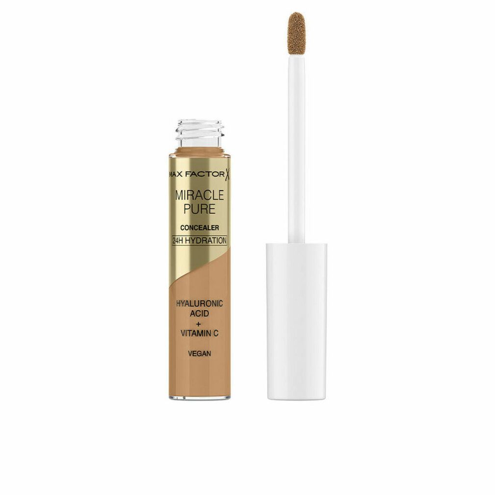 Flacone di correttore con applicatore. Tappo dorato, flacone trasparente. Scritta: Miracle Pure Concealer, acido ialuronico, vitamina C, Vegan.