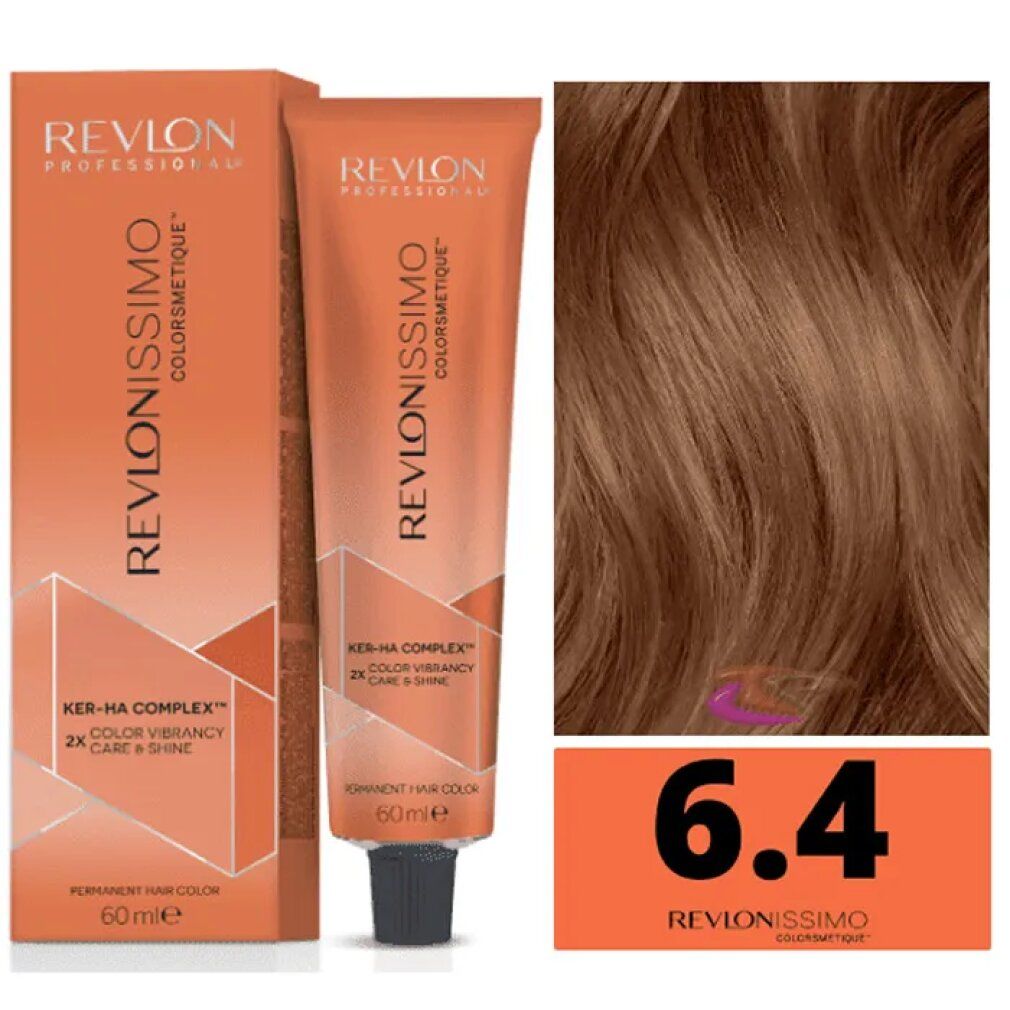 Colorazione per capelli Revlonissimo Colorsmetique 6,4. Tubo e scatola arancioni. Ciocca di capelli e codice colore 6.4. Testo: Ker-Ha Complex, Color Vibrancy.