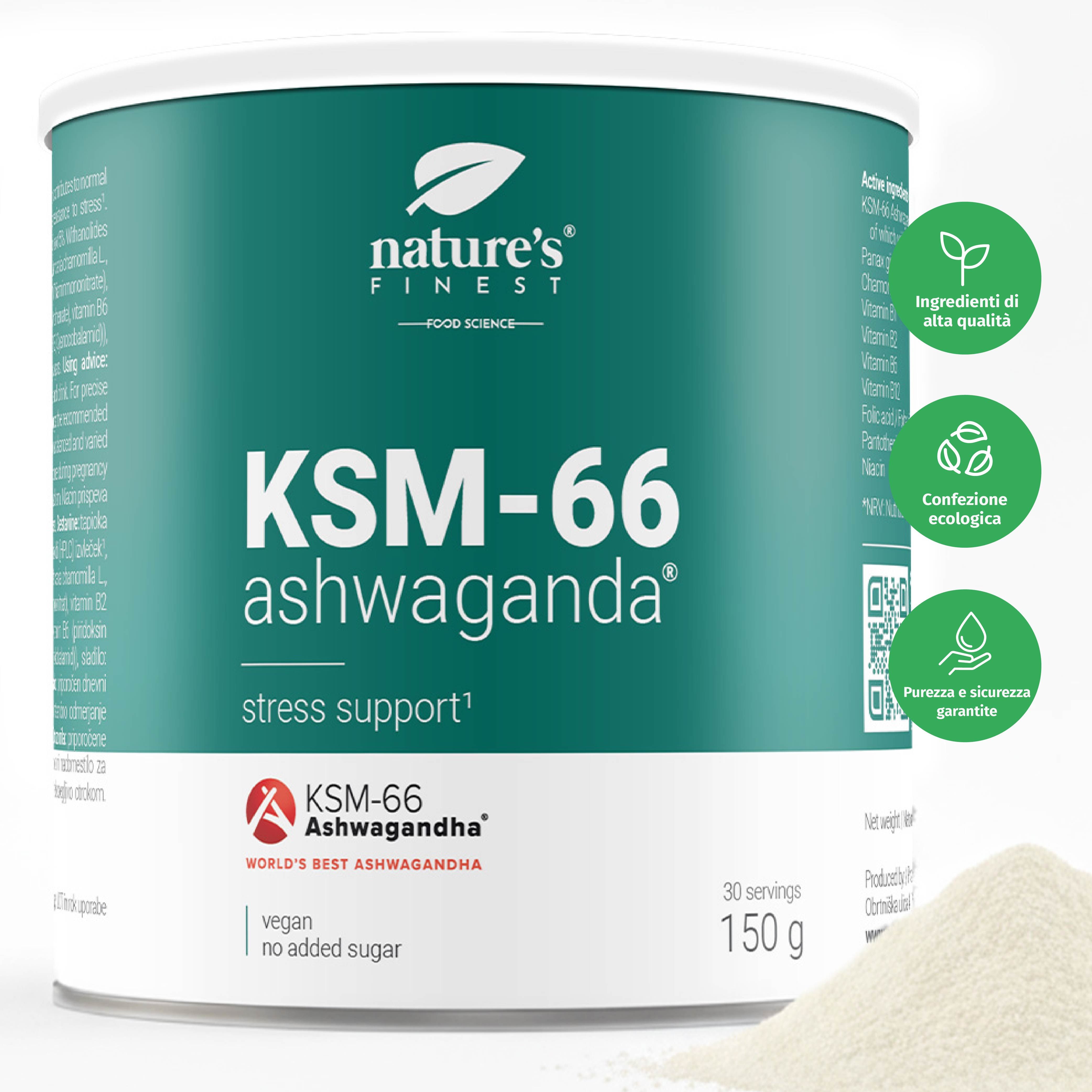 Barattolo di KSM-66 ashwagandha, 150g, 30 porzioni. Vegano, senza zuccheri aggiunti. Etichetta verde e bianca con logo e informazioni. Certificazioni.