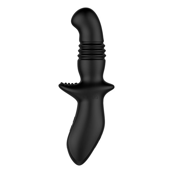 Prodotto benessere nero. Forma con impugnatura, sezione scanalata e punta rialzata. Su sfondo bianco.