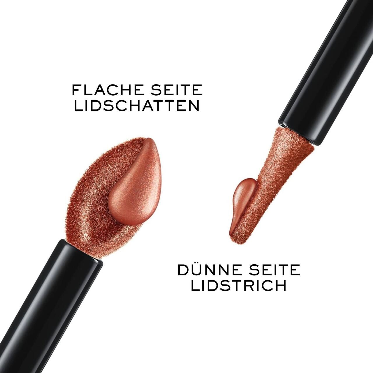 Due applicatori con testo: FLÄCHE SEITE LIDSCHATTEN e DÜNNE SEITE LIDSTRICH. Punte a goccia con prodotto.
