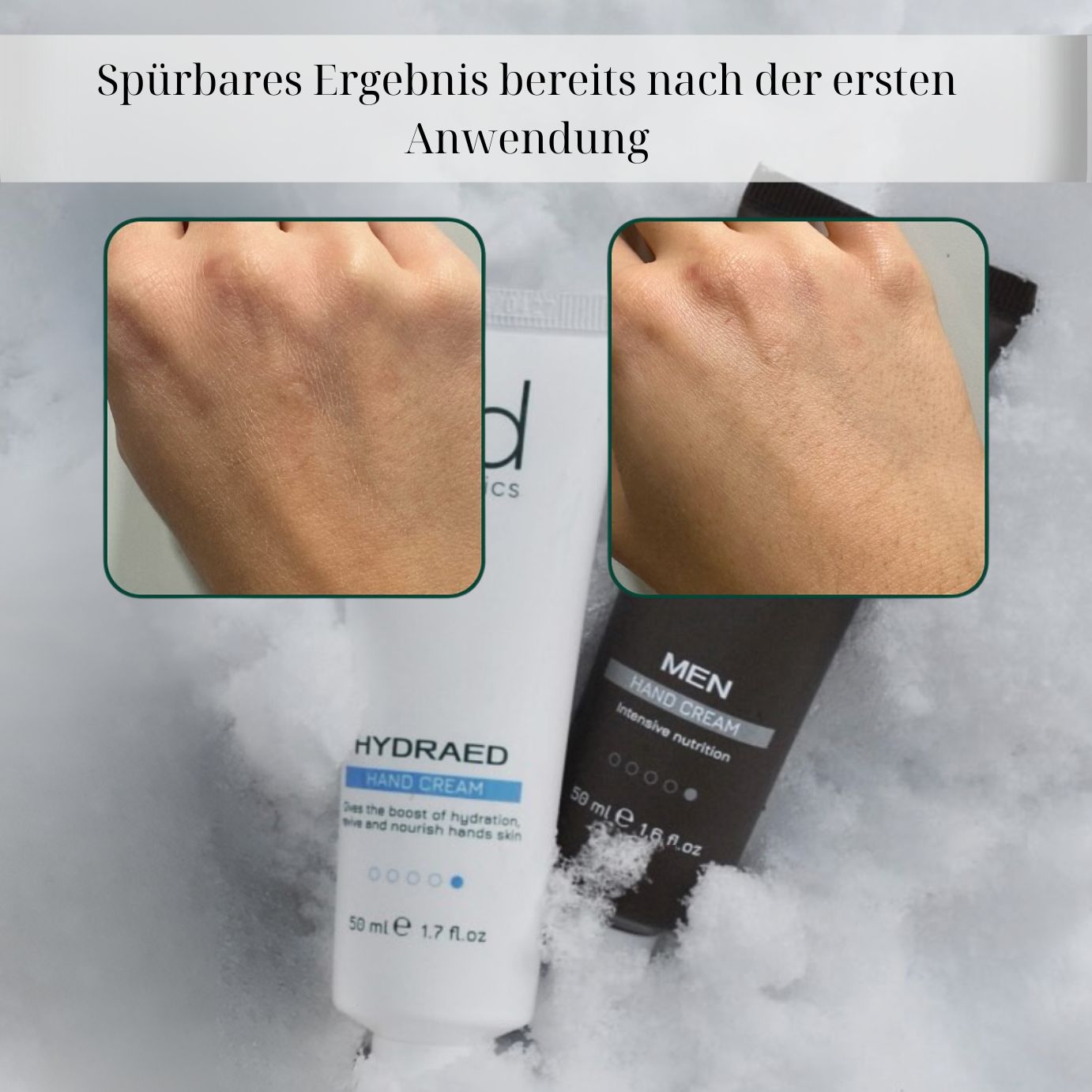 Confronto mani prima e dopo l'uso. Tubo con "ed cosmetics" e "HYDRAED HAND CREAM".