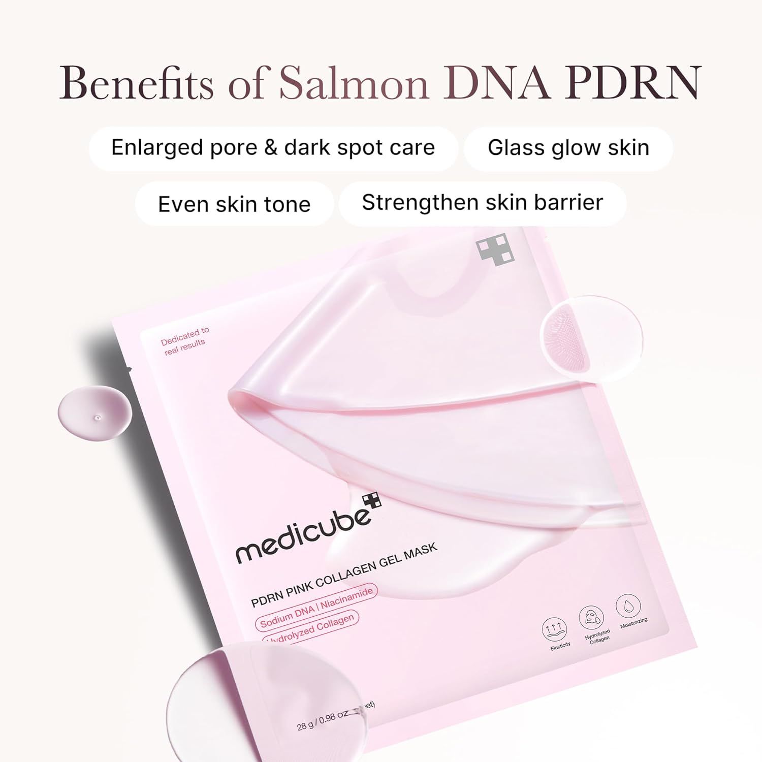 Maschera in gel rosa e confezione. Scritta: Medicube, PDRN Pink Collagen Gel Mask. Contiene Sodium DNA, Niacinamide, Hydrolyzed Collagen.