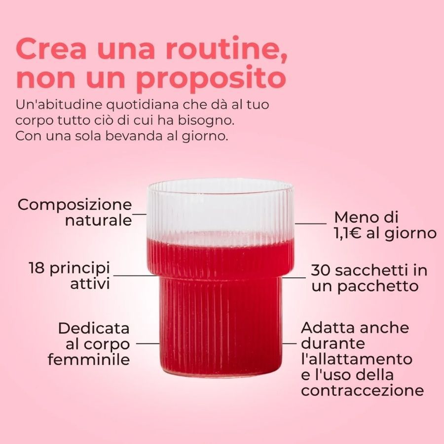 Bicchiere con liquido rosso. Testo: Composizione naturale, 18 principi attivi, meno di 1,1€ al giorno, 30 bustine per confezione, per le donne.