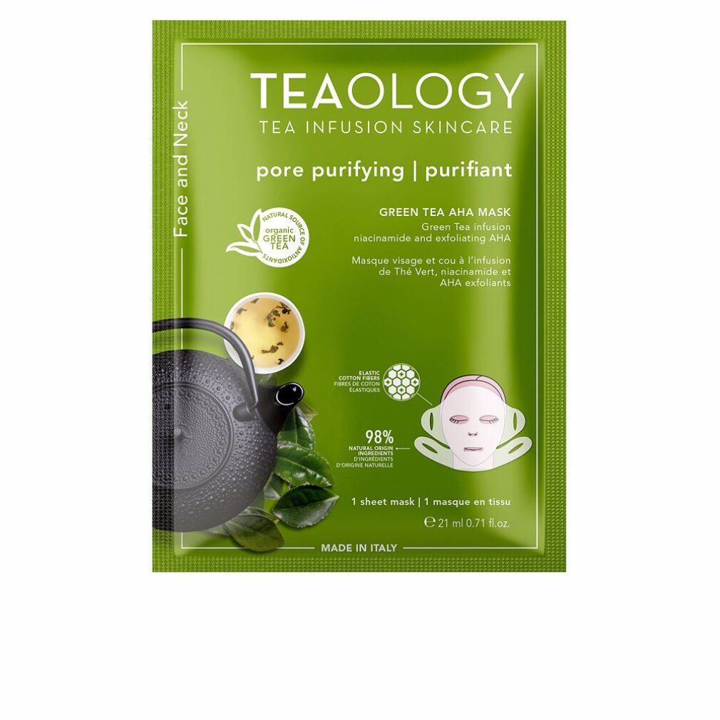 Confezione verde con informazioni sul prodotto. Testo: Teaology Tea Infusion Skincare, Green Tea AHA Mask. Illustrazione: teiera, tè, maschera viso.