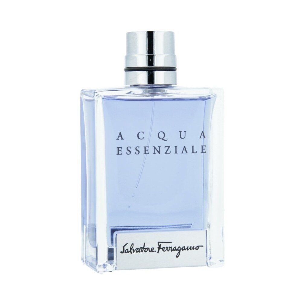 Eau de toilette azzurra in flacone quadrato con tappo argentato. Scritta: Acqua Essenziale, Salvatore Ferragamo.