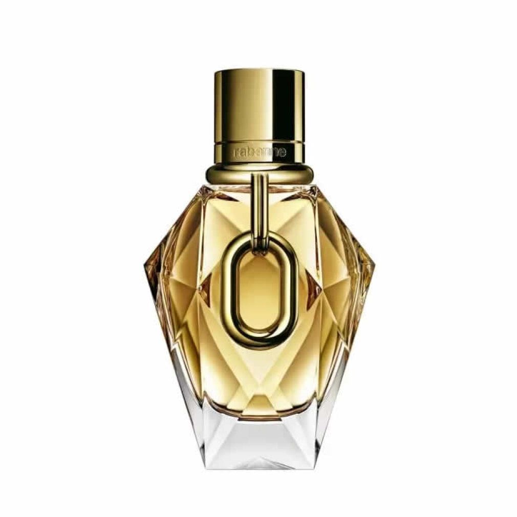 Flacone dorato con tappo dorato. Scritta: Rabanne. Forma geometrica.