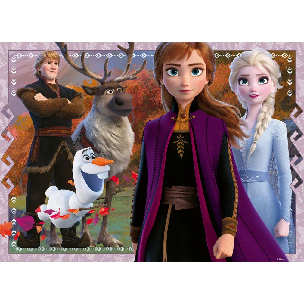 Puzzle con personaggi di Frozen II: Anna, Elsa, Kristoff, Olaf e Sven. Sfondo: paesaggio autunnale. Cornice viola con motivo.