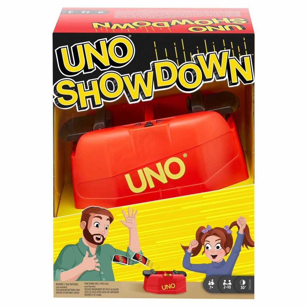 Gioco UNO Showdown nella confezione. Lanciatore di carte rosso all'interno. La confezione mostra il gioco in azione.