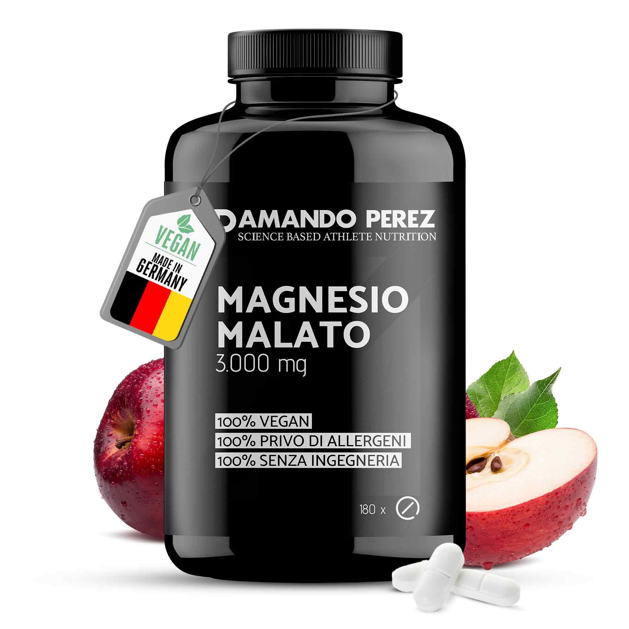 Barattolo nero di Magnesio Malato 3.000 mg. Contiene 180 capsule. Vegano e senza allergeni.
