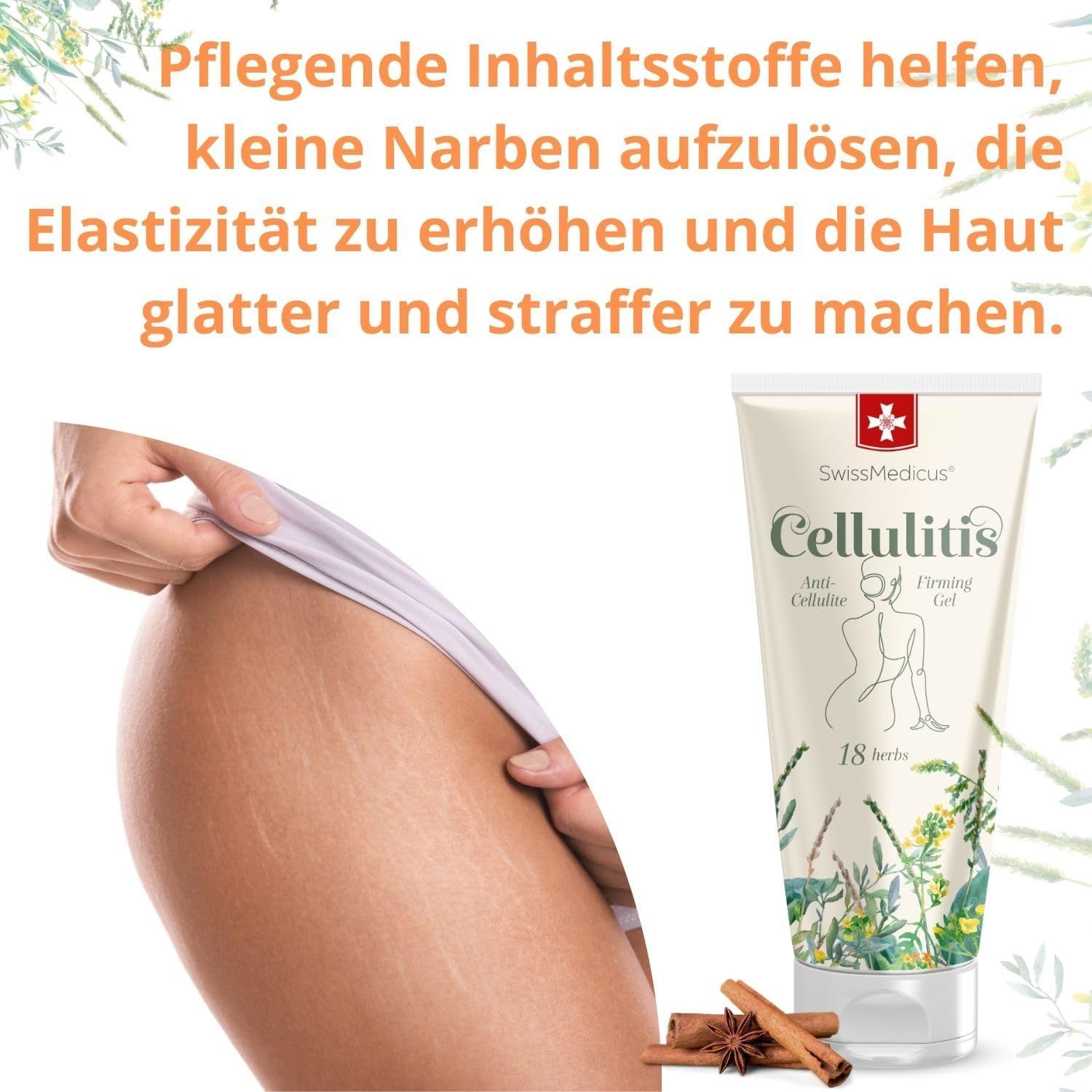 Tubo di crema SwissMedicus Cellulitis. Testo: Gli ingredienti aiutano a sciogliere le cicatrici, aumentare l'elasticità.