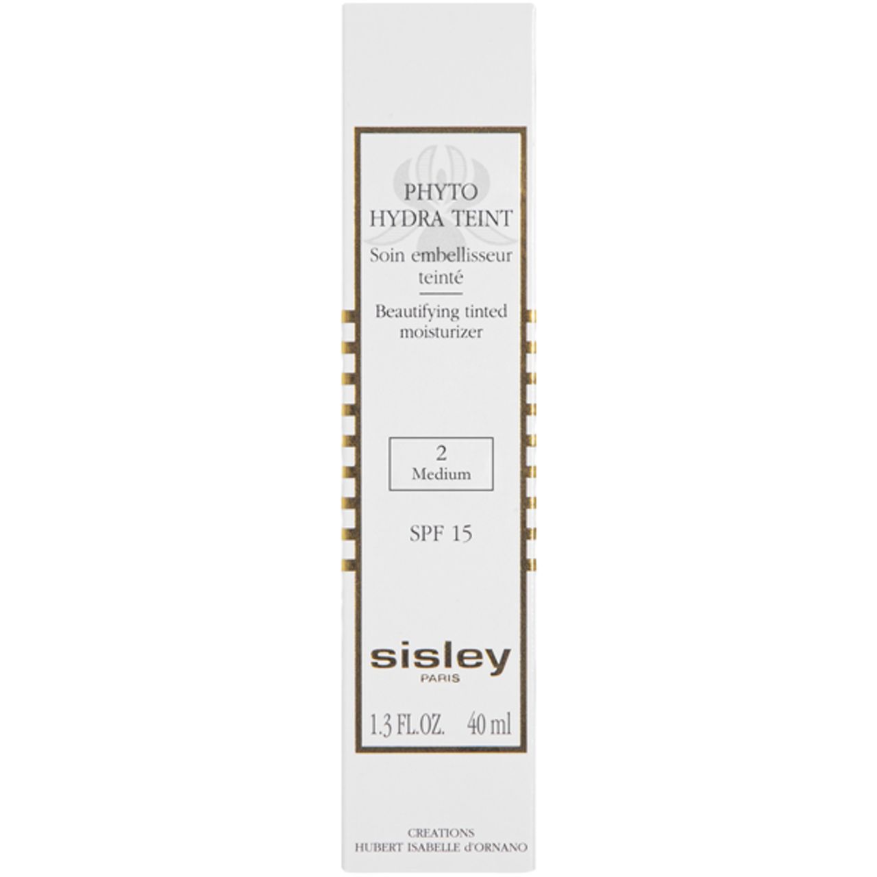 Confezione di crema idratante colorata. Scritta: Phyto Hydra Teint, SPF 15, tonalità 2 Medium, 40 ml. Marchio: Sisley Paris.