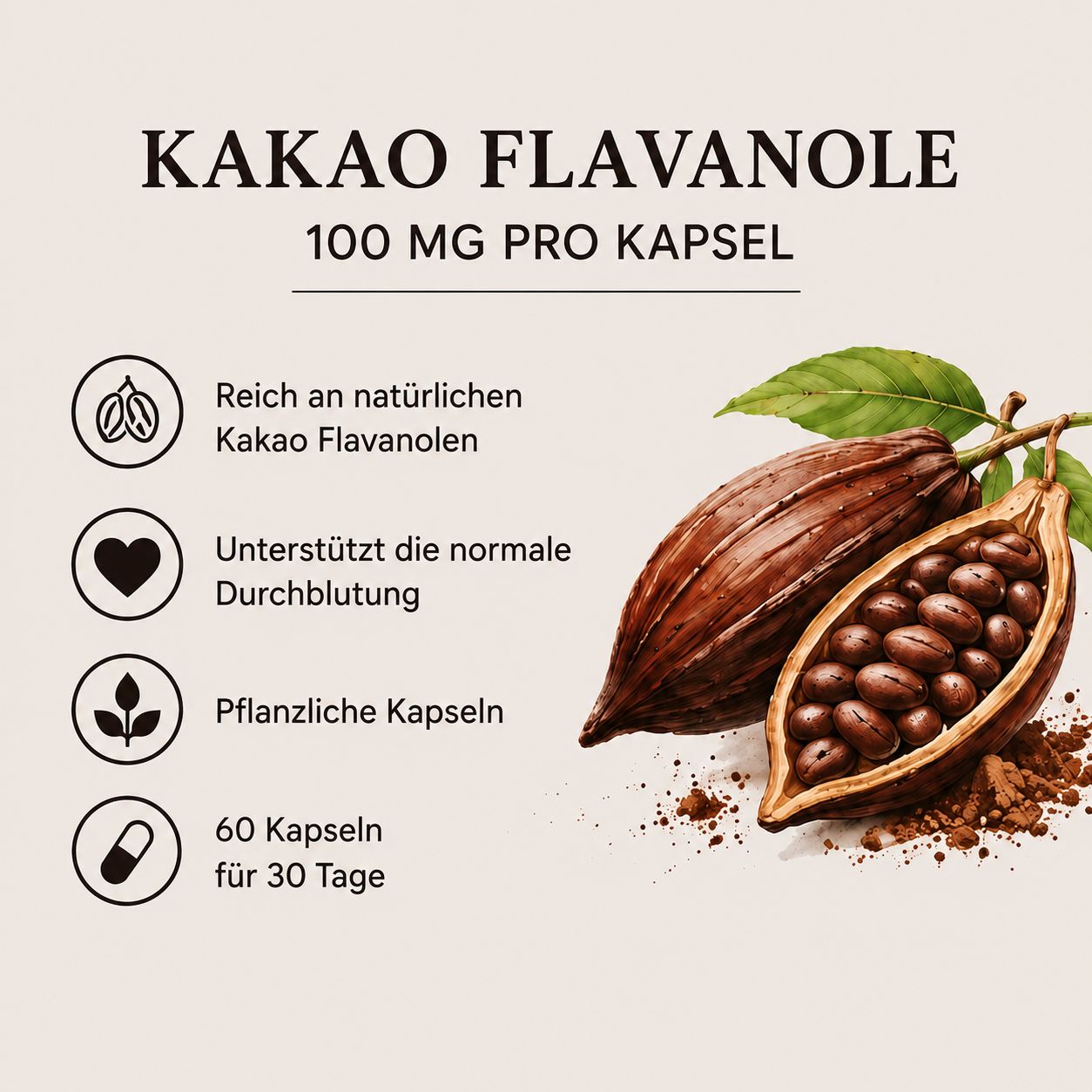 Capsule di flavanoli di cacao 100 mg per capsula. Ricche di flavanoli di cacao naturali, capsule vegetali.