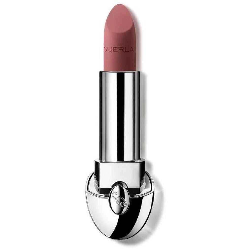 Rossetto rosa, astuccio argento. Logo Guerlain sulla base. Aperto, prodotto visibile.