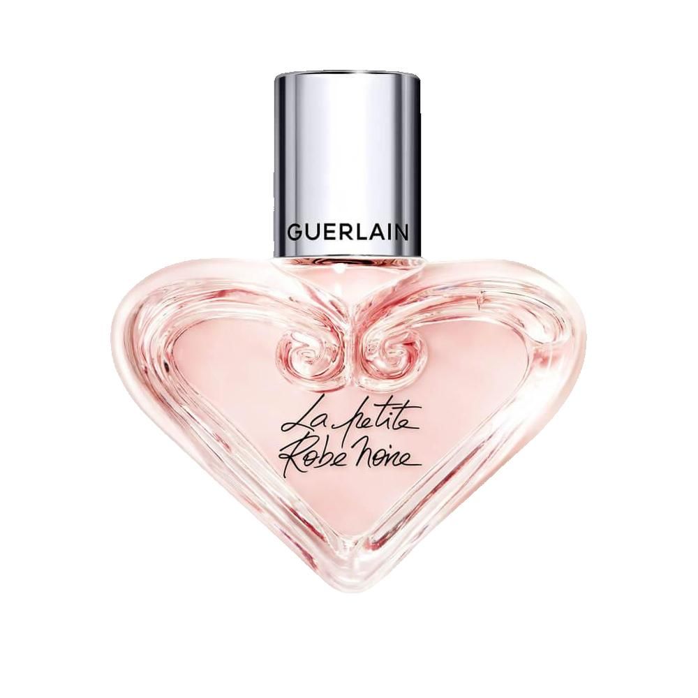 Flacone a forma di cuore con tappo argentato. Scritta: Guerlain, La petite Robe noire.