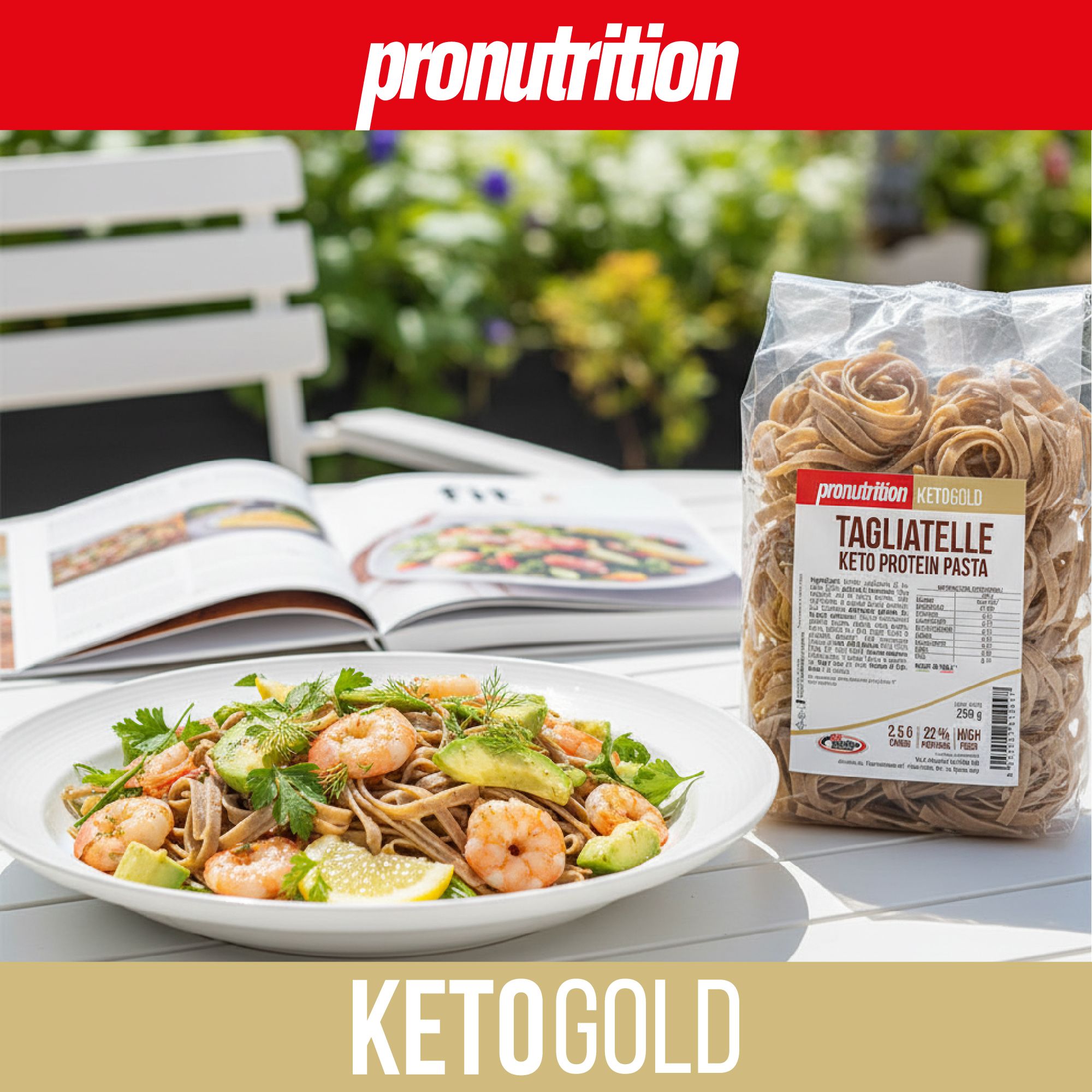 Piatto di pasta, gamberi, avocado e limone. Accanto, confezione di pasta e libro aperto. Scritta: KETOGOLD.