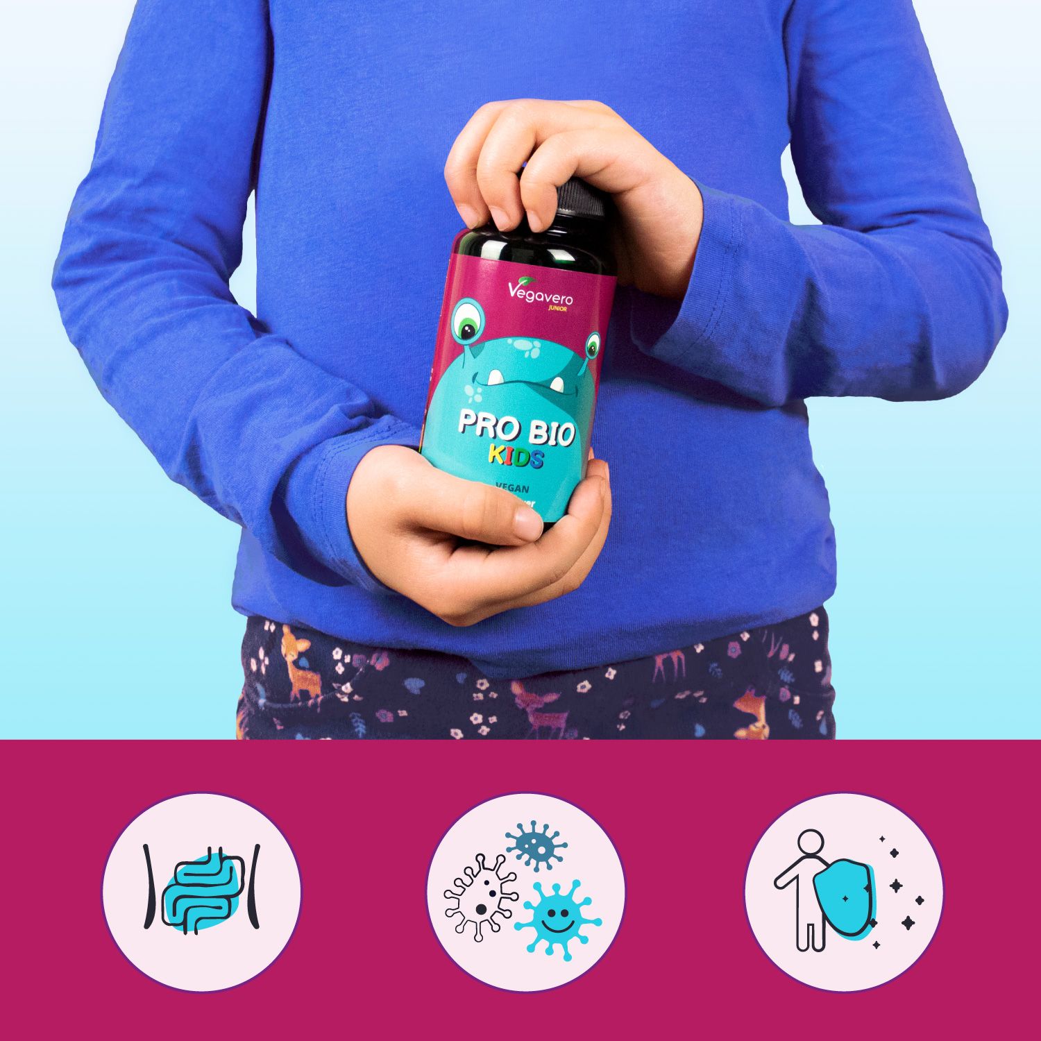 Bambino tiene un barattolo di Vegavaro Pro Bio Kids. Scritta: PRO BIO KIDS. Sfondo: illustrazioni di intestino, batteri e sistema immunitario.