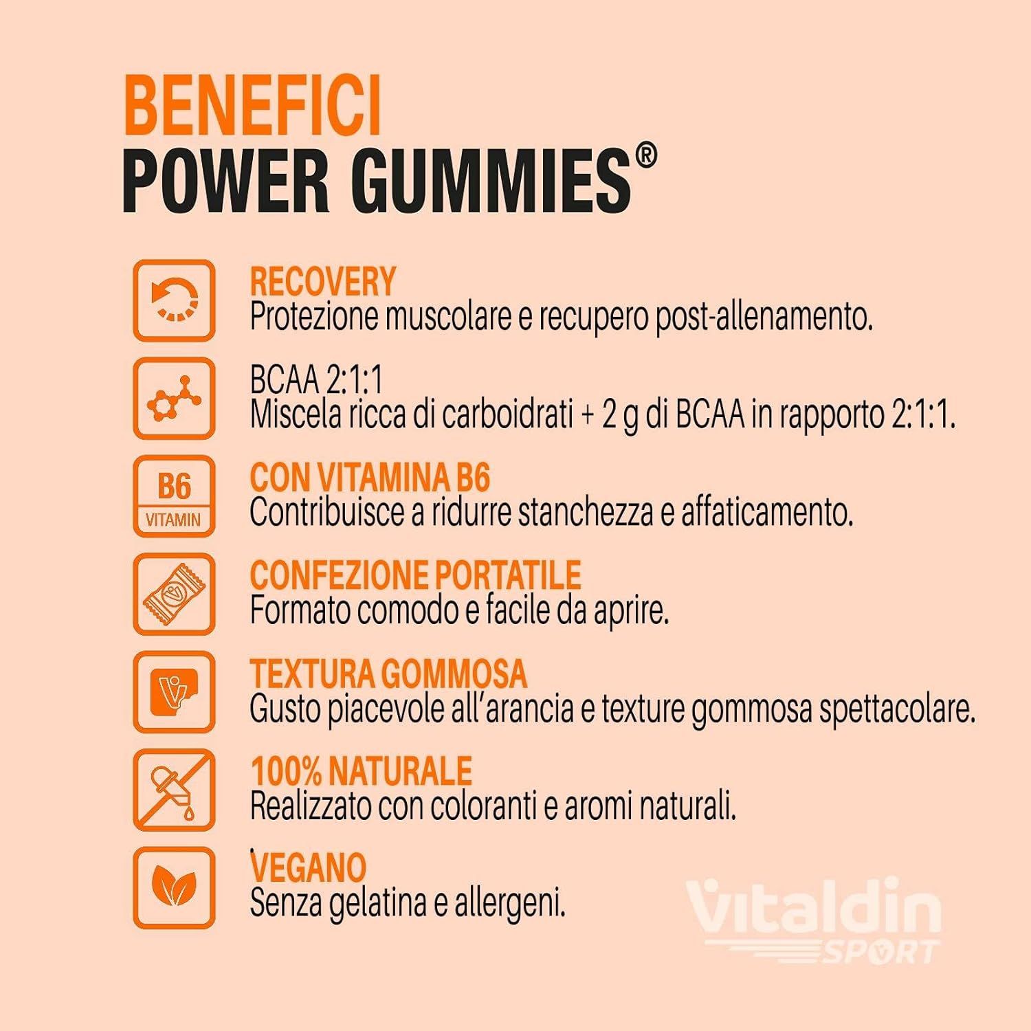 Pagina di testo con i benefici di Power Gummies BCAA. Contiene informazioni sugli ingredienti e le caratteristiche.