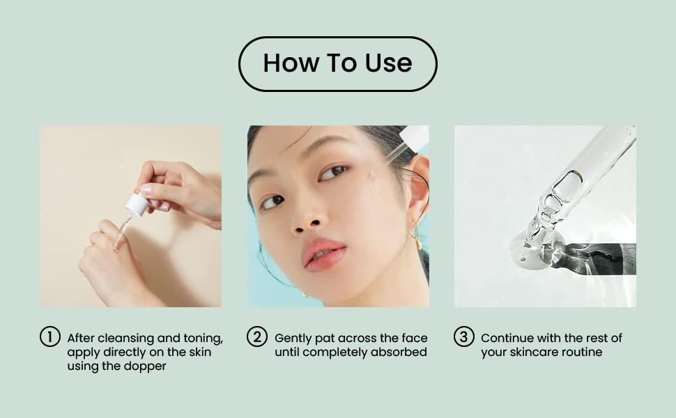 Applicazione del siero. Donna applica il siero. Testo: How To Use. Applicare dopo la pulizia.