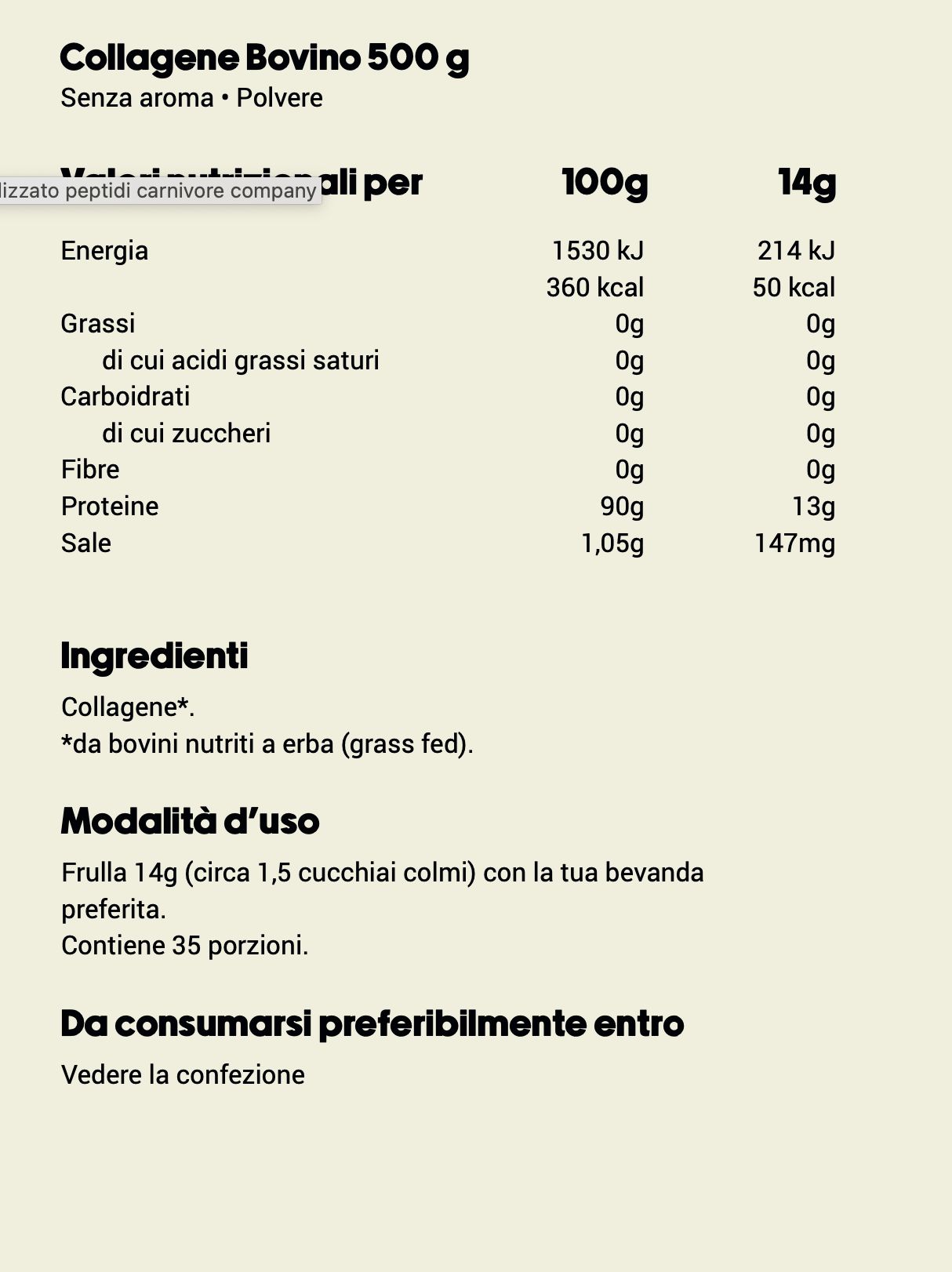 Tabella nutrizionale e lista ingredienti. Marchio Carnivore Company. Contiene collagene.