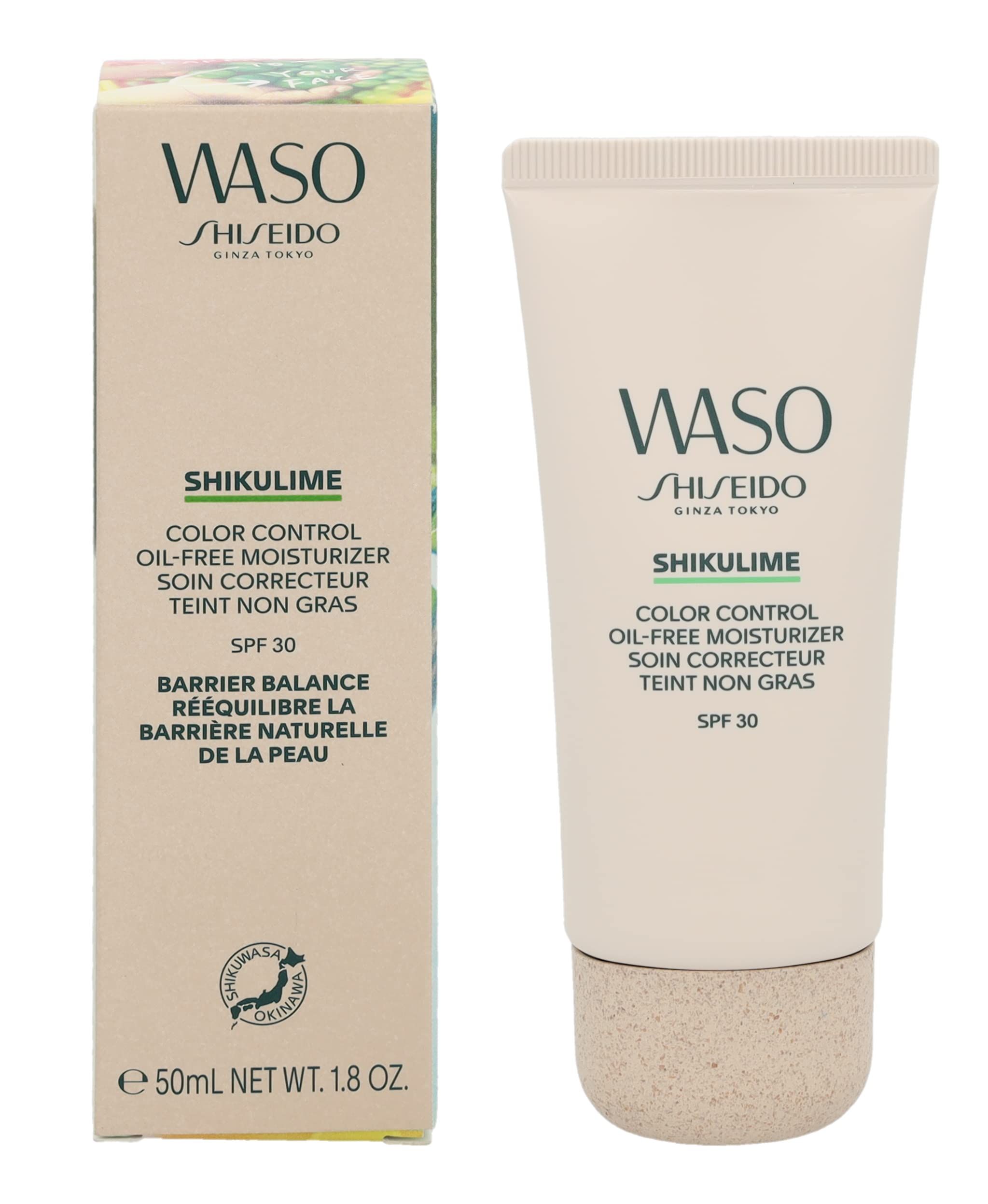 Prodotto con confezione. Tubo e scatola. Testo: WASO, SHISEIDO, SHIKULIME, Color Control, Oil-Free Moisturizer, SPF 30, 50ml.
