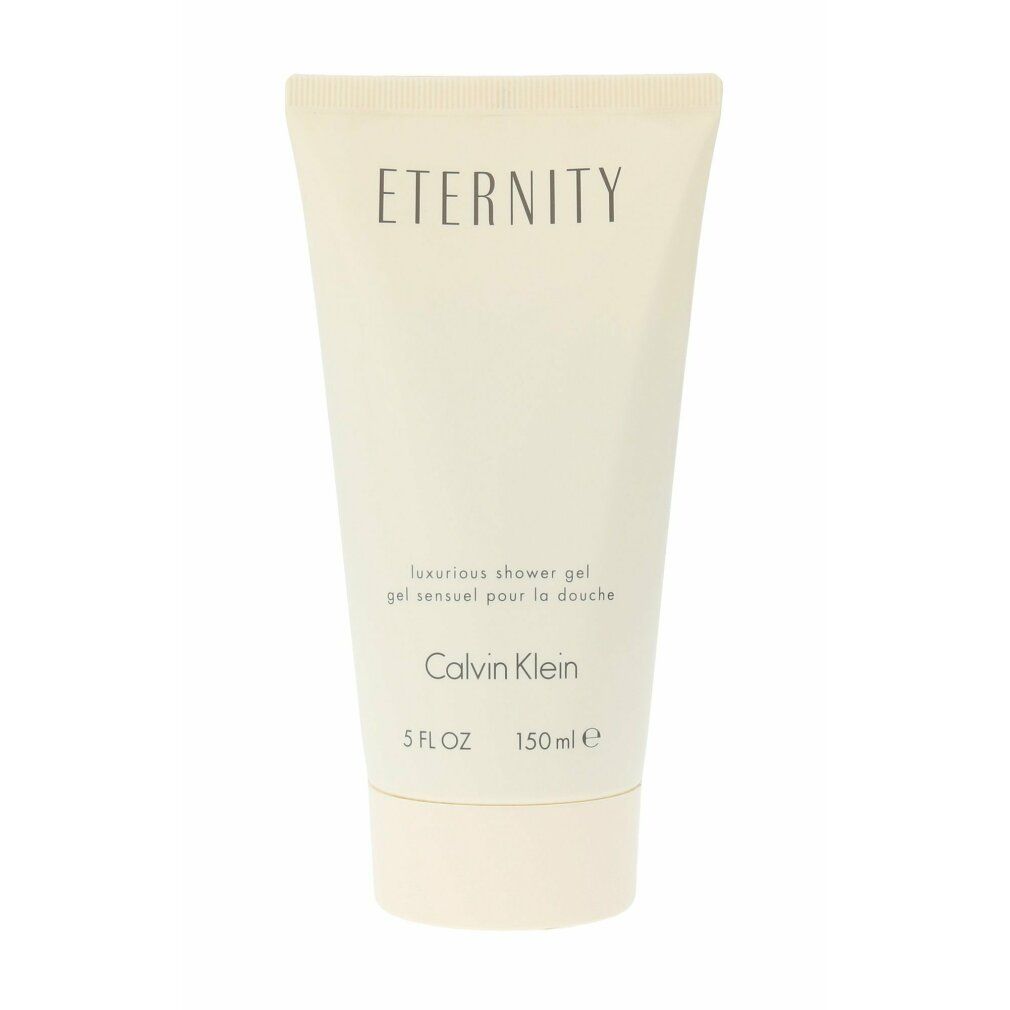 Tubo di gel doccia beige. Scritta: ETERNITY, Calvin Klein. Testo: luxurious shower gel, gel sensuel pour la douche. 5 FL OZ, 150 ml e.