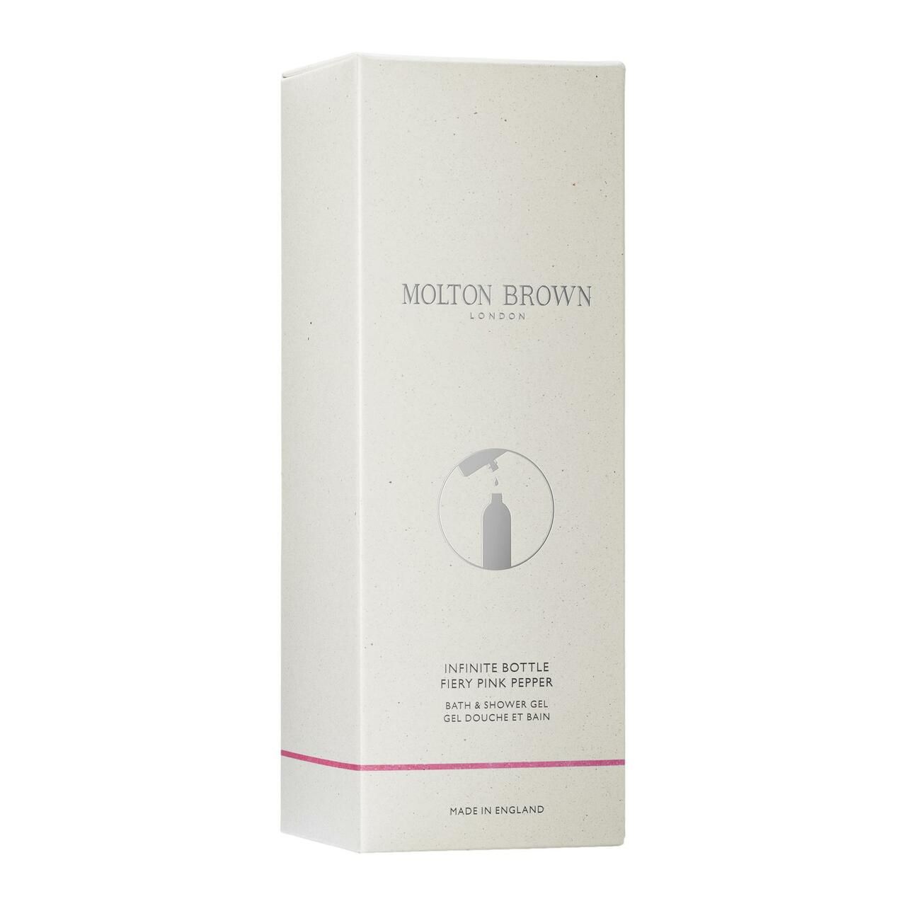 Scatola bianca con informazioni sul prodotto. Logo Molton Brown. Illustrazione di un flacone. Nome prodotto: Fiery Pink Pepper.