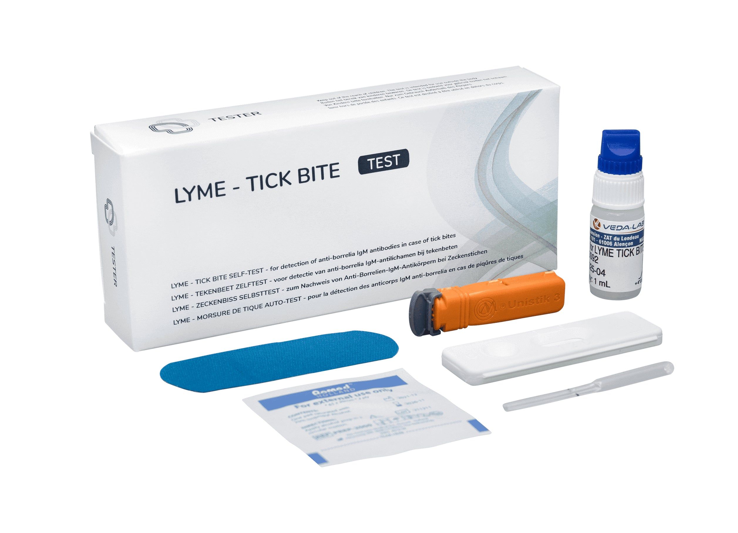 Kit di test per la malattia di Lyme con contagocce, cassetta di test, tampone e istruzioni. Contiene tutti i componenti per un test di puntura di zecca.