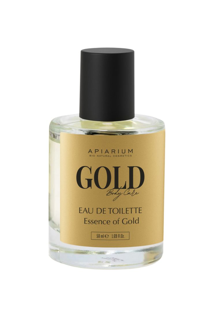 Flacone in vetro con tappo nero. Etichetta dorata con scritta GOLD, sotto "Eau de Toilette". Marchio: APIARIUM.