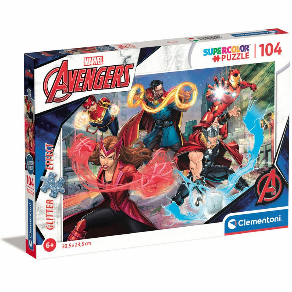 Scatola puzzle Marvel Avengers. Contiene 104 pezzi. Stampa: logo Avengers, Supercolor Puzzle, effetto glitter. Dai 6 anni. Dimensioni: 33,5 x 23,5 cm.