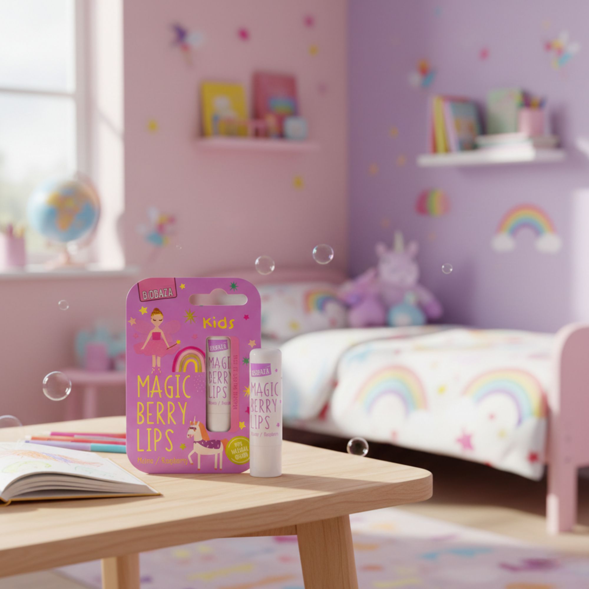 Confezione e balsamo per labbra su un tavolo. Scritta: Magic Berry Lips. Sfondo: cameretta con letto, giocattoli e decorazioni.