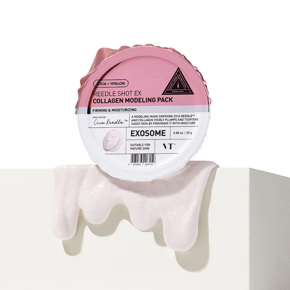 Confezione rotonda rosa-bianca di Reedle Shot Ex Kollagen Modellierungsmaske. Testo: EXOSOME, CICA x Hyalon.